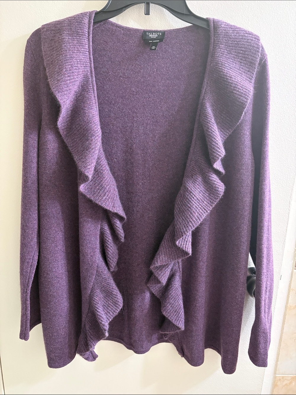 Talbots Plum Ruffle-Front Open cashmere Cardigan